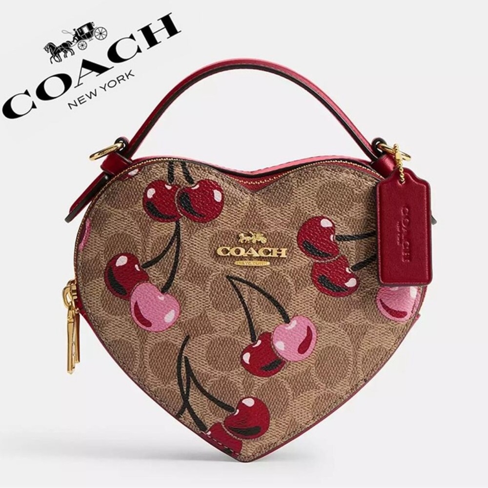 Coach Heart-Shaped Mini Bag with Cherry Print - Brown and Red - Picture 4 of 6